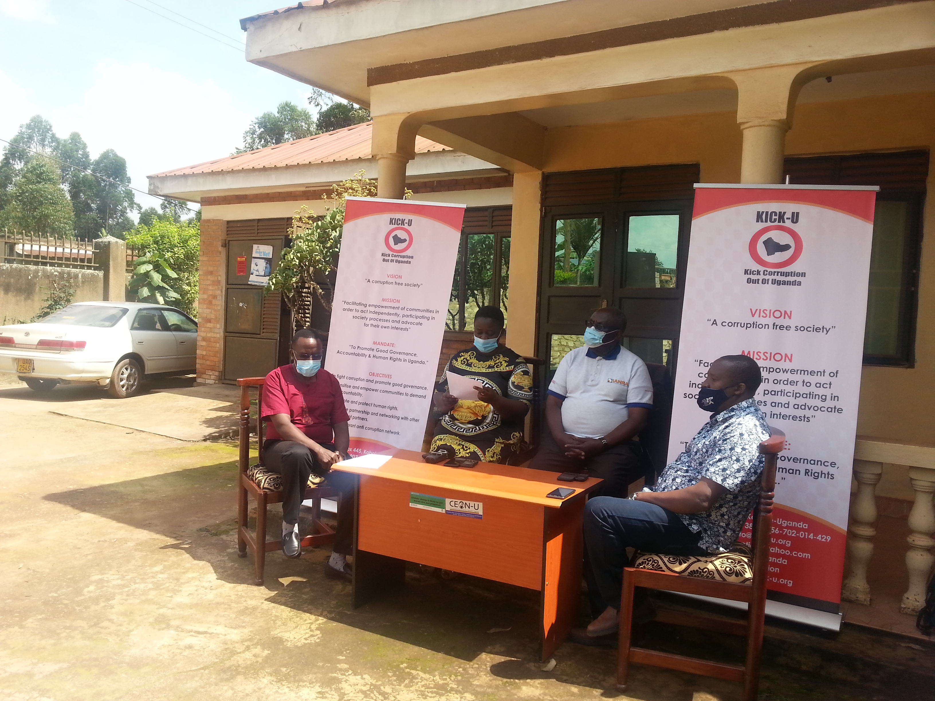 From left to right MR TAREMWA ALBERT HEAD OF PROGRAMS, JULIET TUSHEMEREIRWE PROGRAM CORDINATOR, REV FR GAETANO BATANYENDA VICE CHAIRMAN BOARD OF DIRECTORS, ROBERT KAKURU BYAMUGISHA EXECUTIVE DIRECTOR